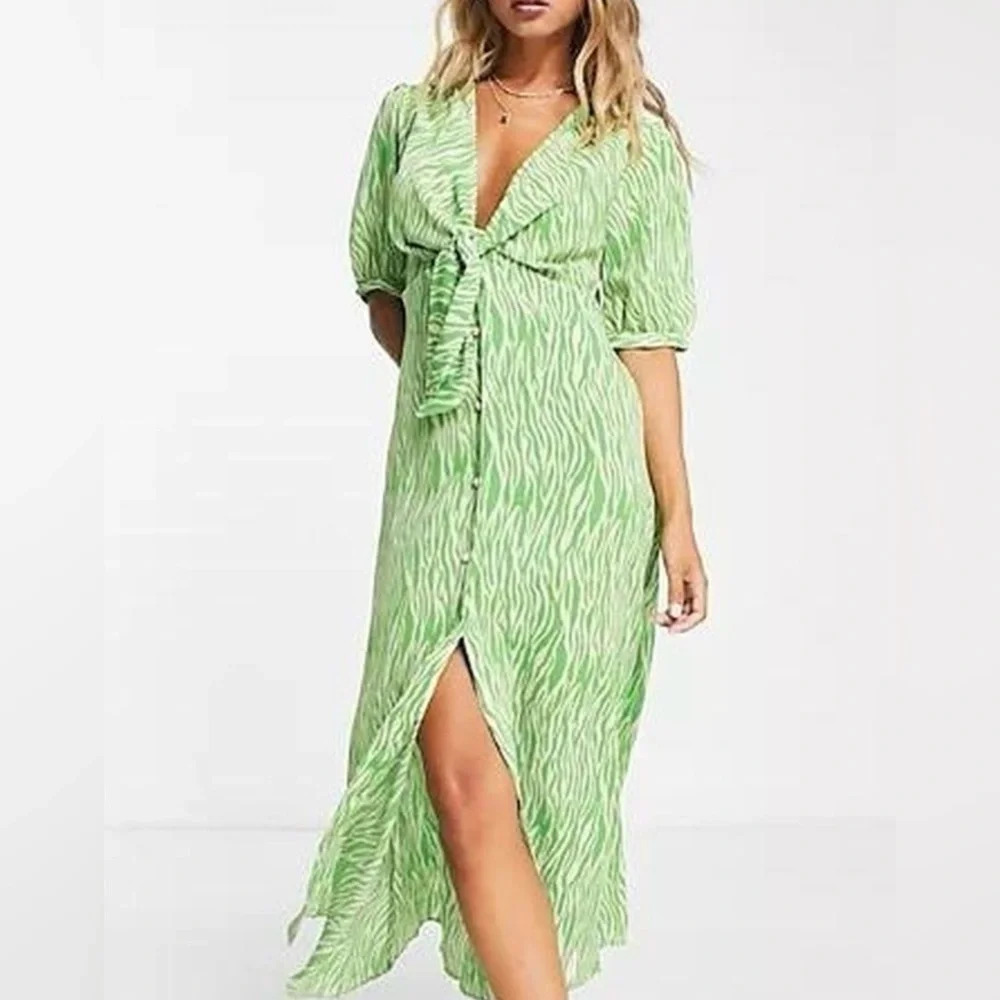 ASOS DESIGN tie front button up midi dress in green animal print